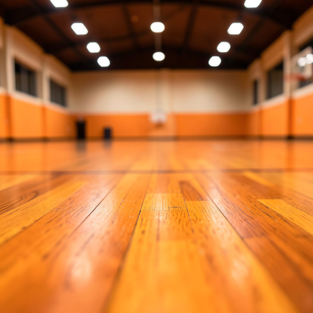 Geniş bir kapalı spor salonu zemini, ahşap parke dokusu; sıcak ve davetkar aydınlatma