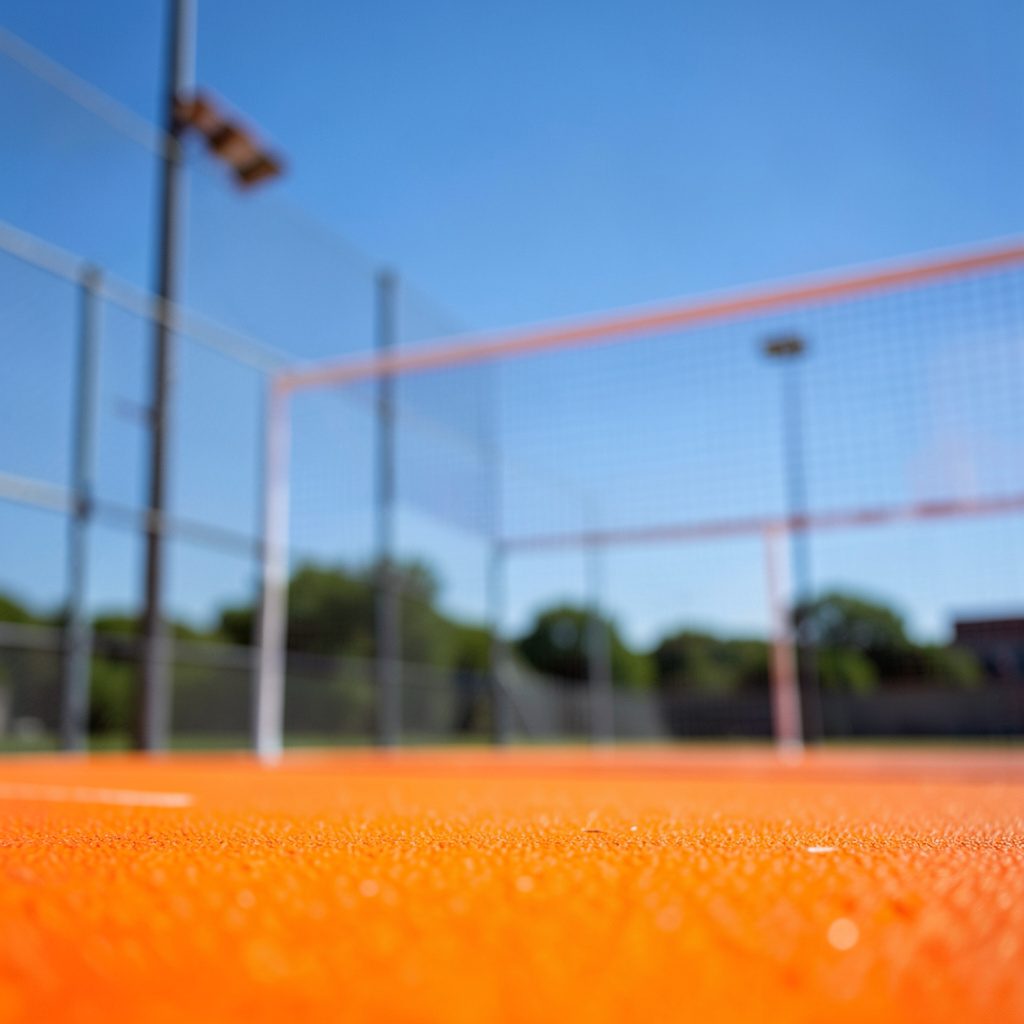 Kum voleybol sahası, açık mavi gökyüzü altında file direkleri; ferah ve enerjik bir ortam