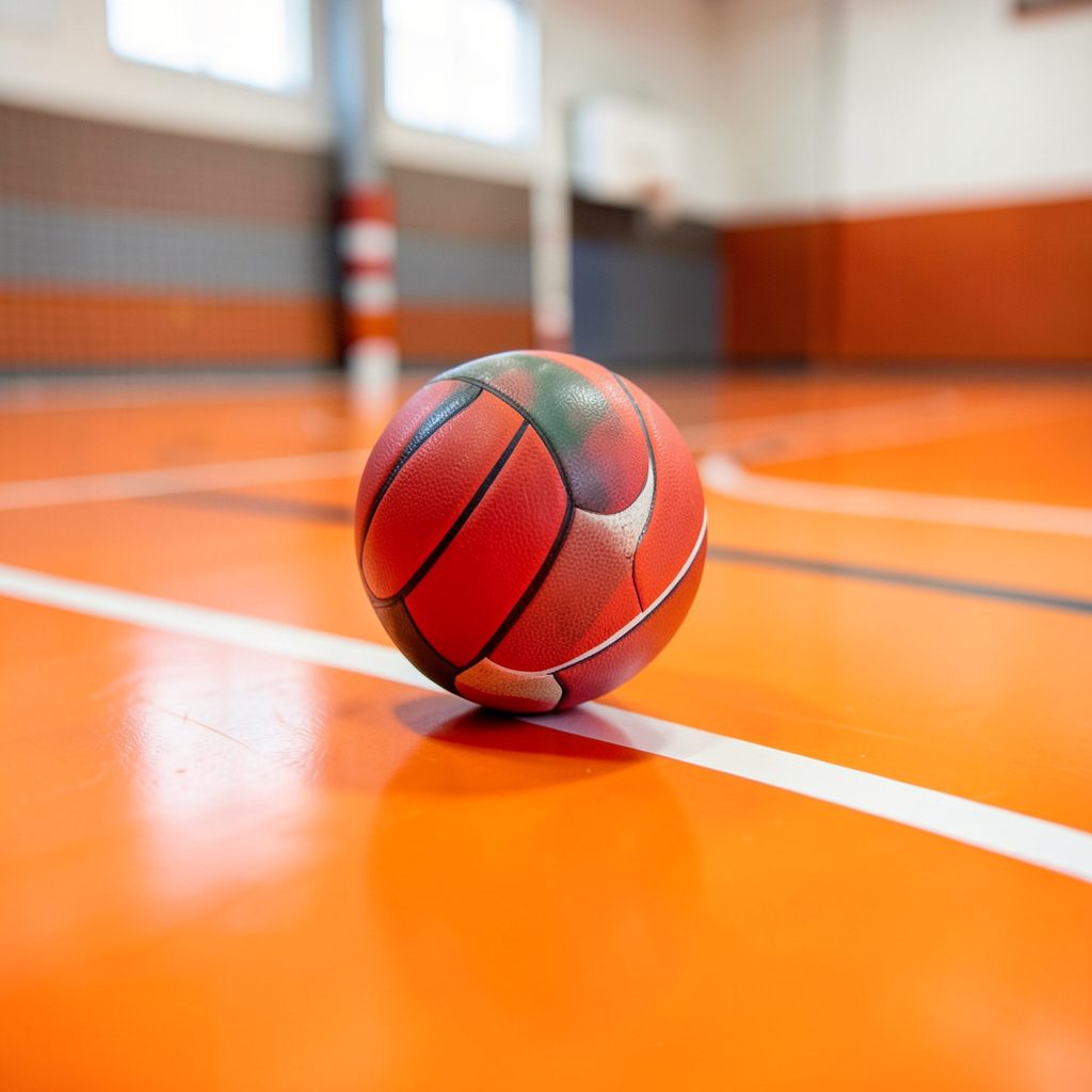 Spor salonunda voleybol filesi ve parlak zemin çizgileri; temiz ve profesyonel bir atmosfer