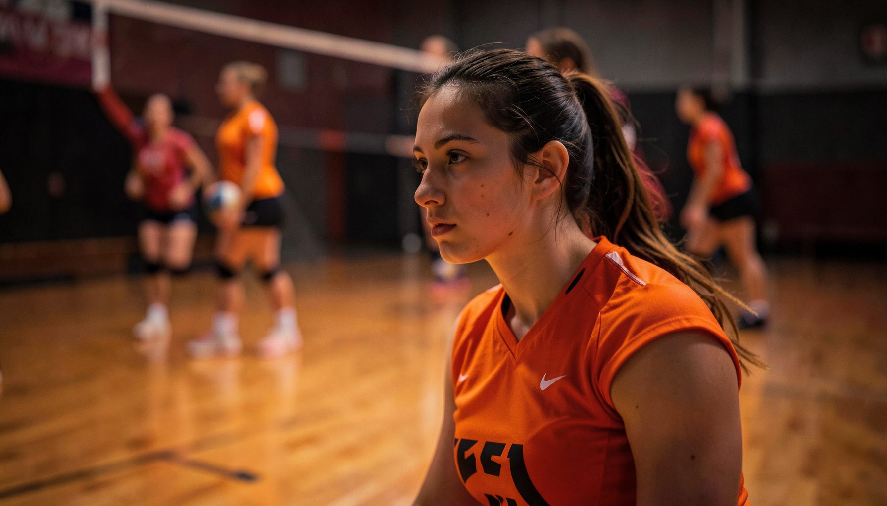 Spor salonunda file önünde odaklanmış genç kadın voleybol oyuncuları; sıcak ahşap zemin, loş dramatik aydınlatma, turuncu ve koyu gri tonlar